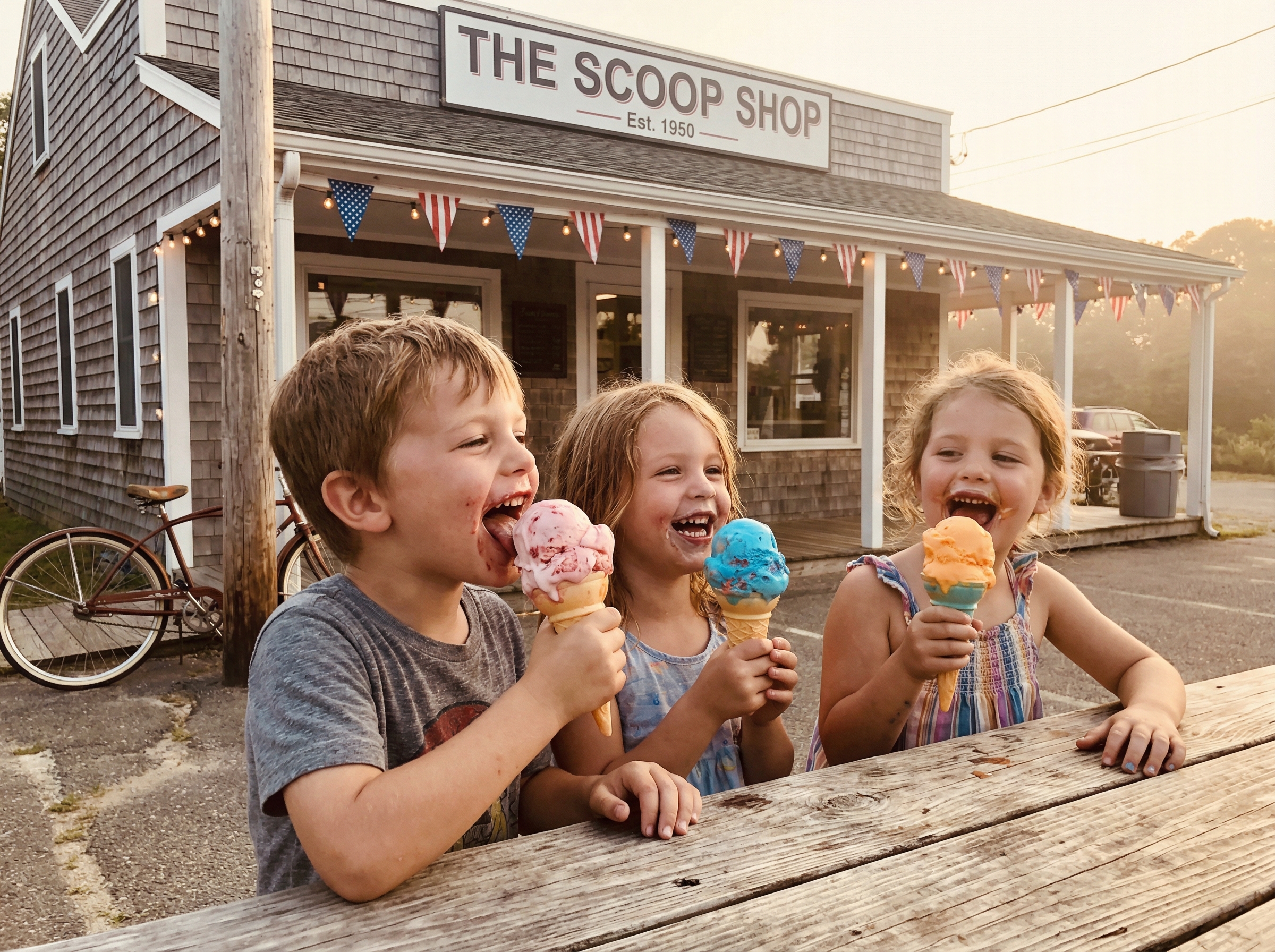 Happy kids eating ice cream cones