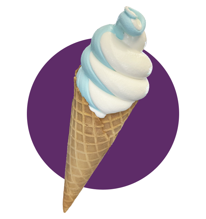 Colorful soft serve cones in vanilla, chocolate, and twist flavors